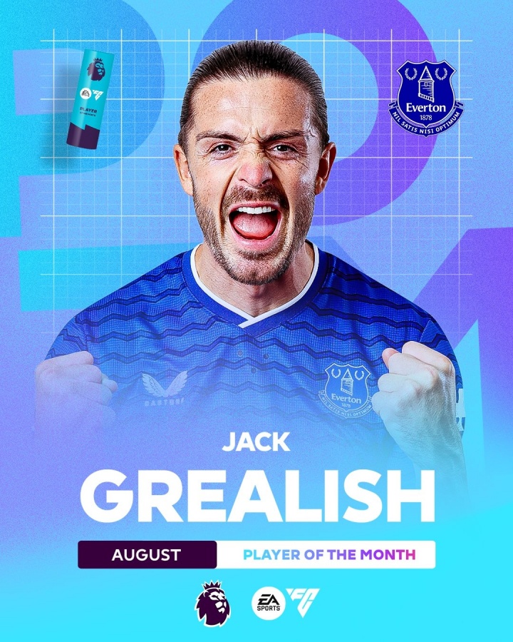 8月4次助攻五大联赛同期最多！格拉利什生涯首次当选英超月最佳